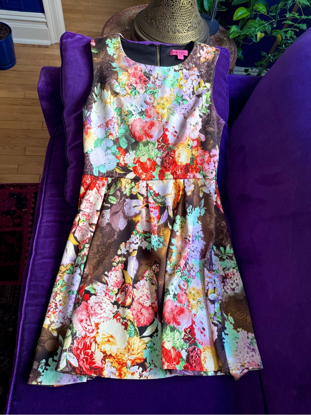 Betsey Johnson Brown Floral Fit-and-Flare Dress with Multicolor Blooms